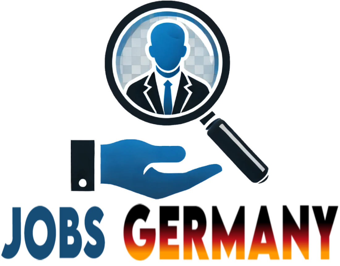 logo firmy JobsGermany. Postać w lupie, na dole dłoń i napis JOBS GERMANY