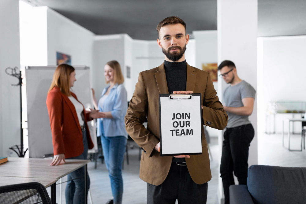 Mężczyzna trzymający kartkę z napisem "Join our team". W tle rozmawiający ludzie